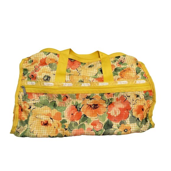 Vintage Lesportsac Yellow Orange Floral Weekender Duffel With Pouch - Picture 3 of 10